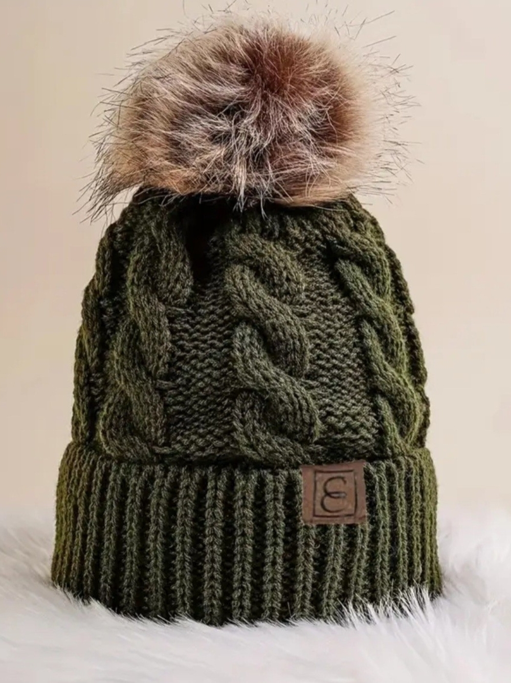 Olive Green Cable Knit Pom Beanie Hat